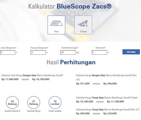 kalkulator BlueScope Zacs