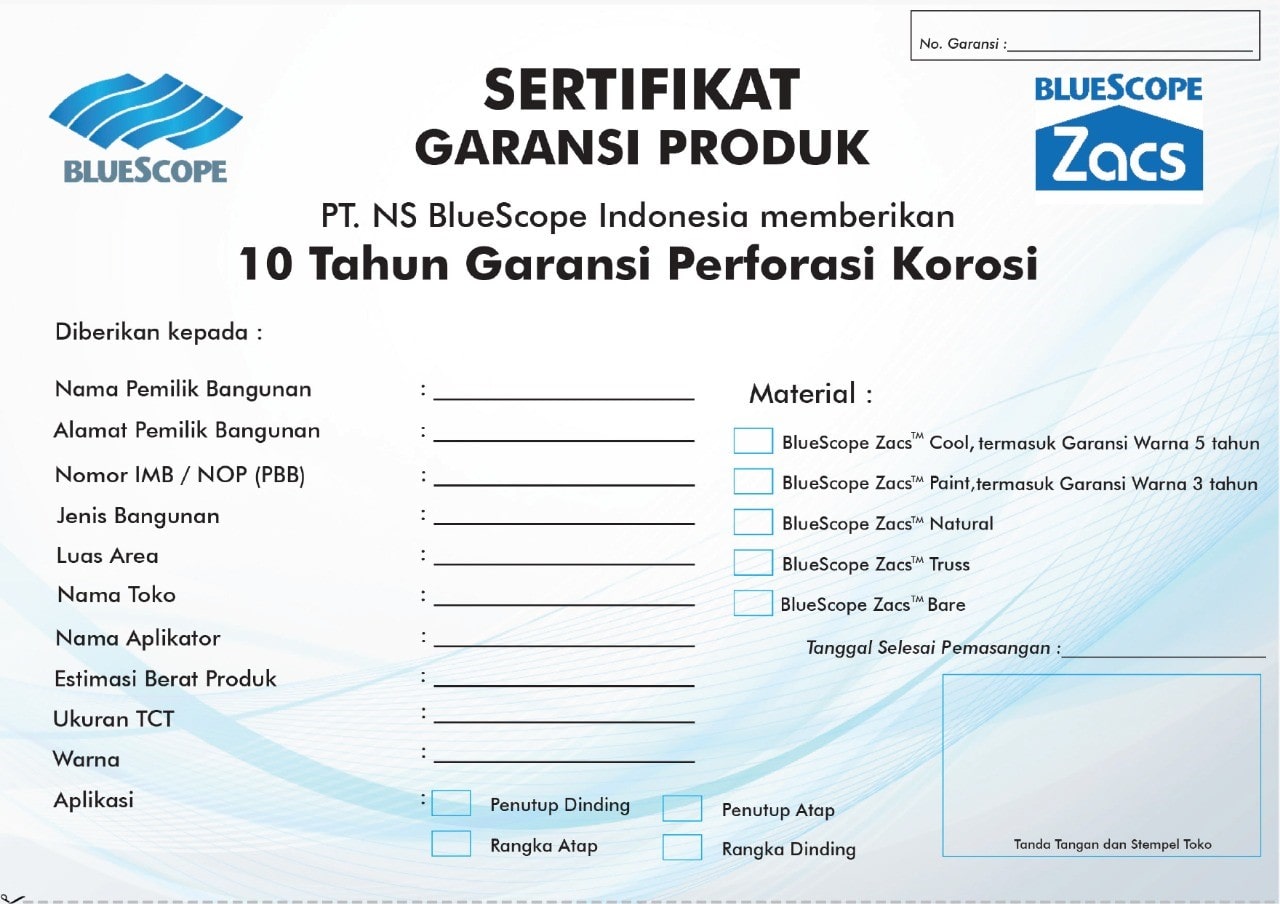 Kartu Garansi Produk BlueScope Zacs®